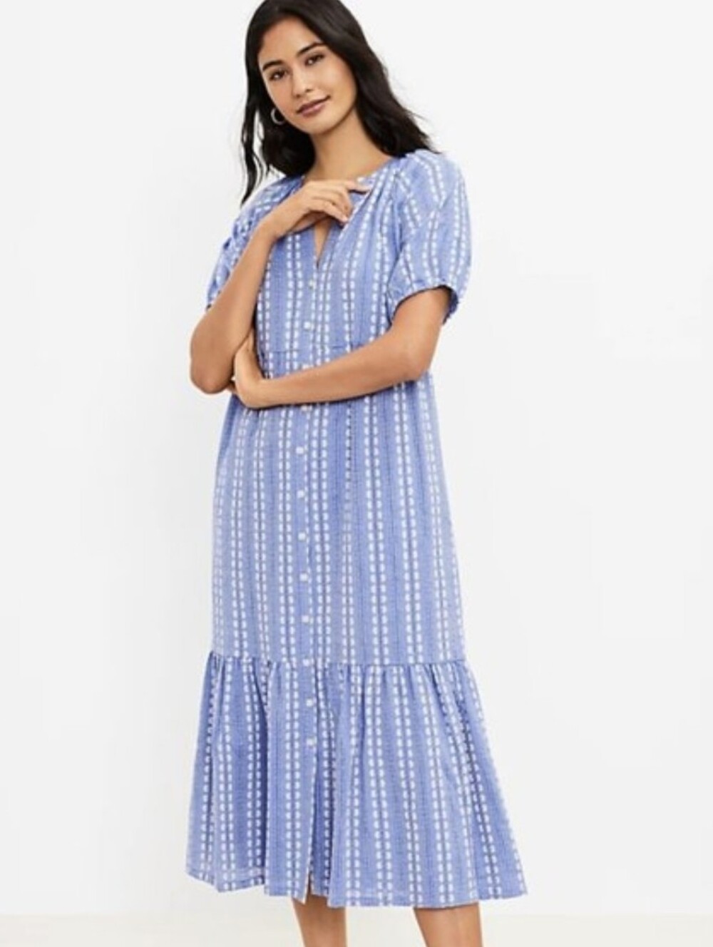 Citrus Isa Jacquard Womens Dress Blue Embroidered Button Puff Sleeve Size M